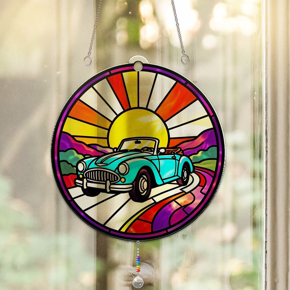 Road Trip Convertible Circle Acrylic Suncatcher with teardrop crystal + rainbow chain