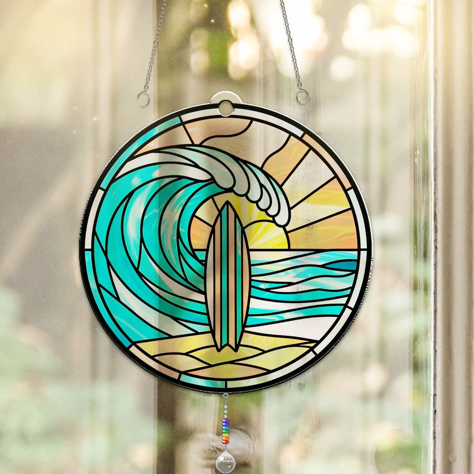 Surfboard Wave Circle Acrylic Suncatcher with teardrop crystal + rainbow chain