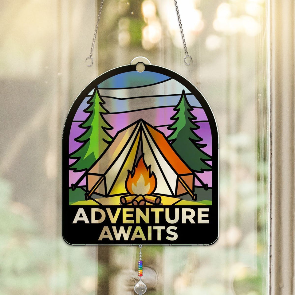 Camping Tent Campfire Arch Acrylic Suncatcher with teardrop crystal + rainbow chain