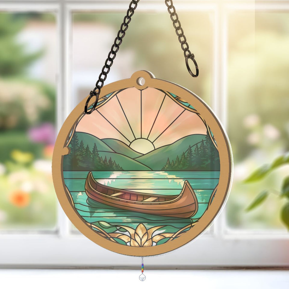 Canoe Lake Sunrise Circle Window Hanging Suncatcher with teardrop crystal + rainbow chain