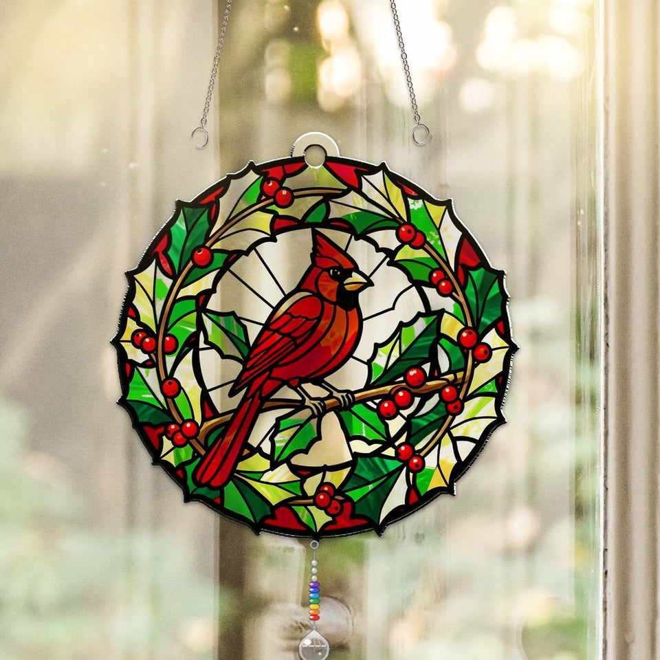 Cardinal Holly Wreath Circle Acrylic Suncatcher with teardrop crystal + rainbow chain