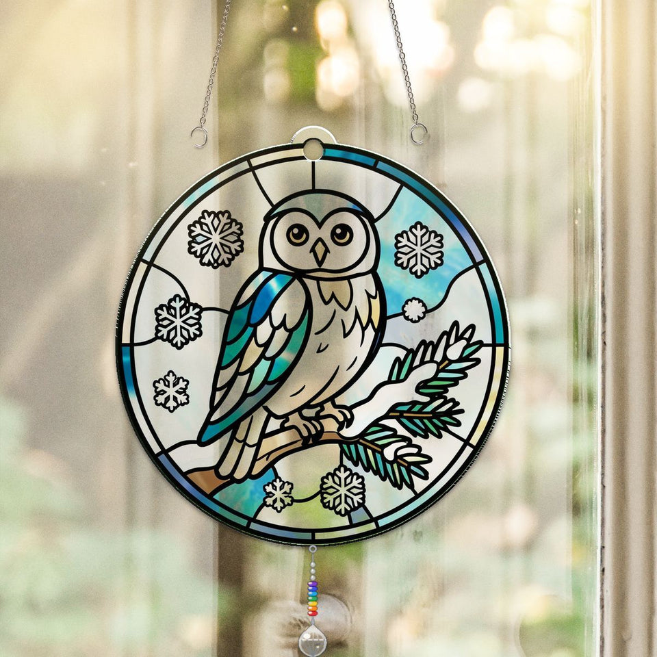 Snowy Owl Pine Circle Acrylic Suncatcher with teardrop crystal + rainbow chain