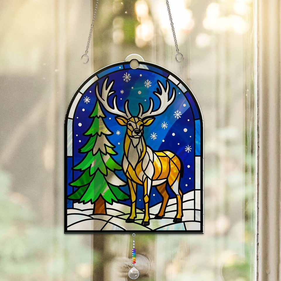 Snowy Stag Pine Arch Acrylic Suncatcher with teardrop crystal + rainbow chain