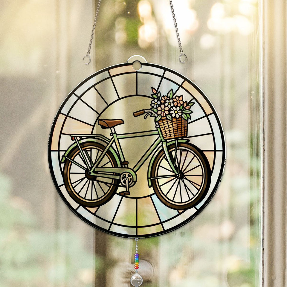 Flower Basket Bicycle Circle Acrylic Suncatcher with teardrop crystal + rainbow chain