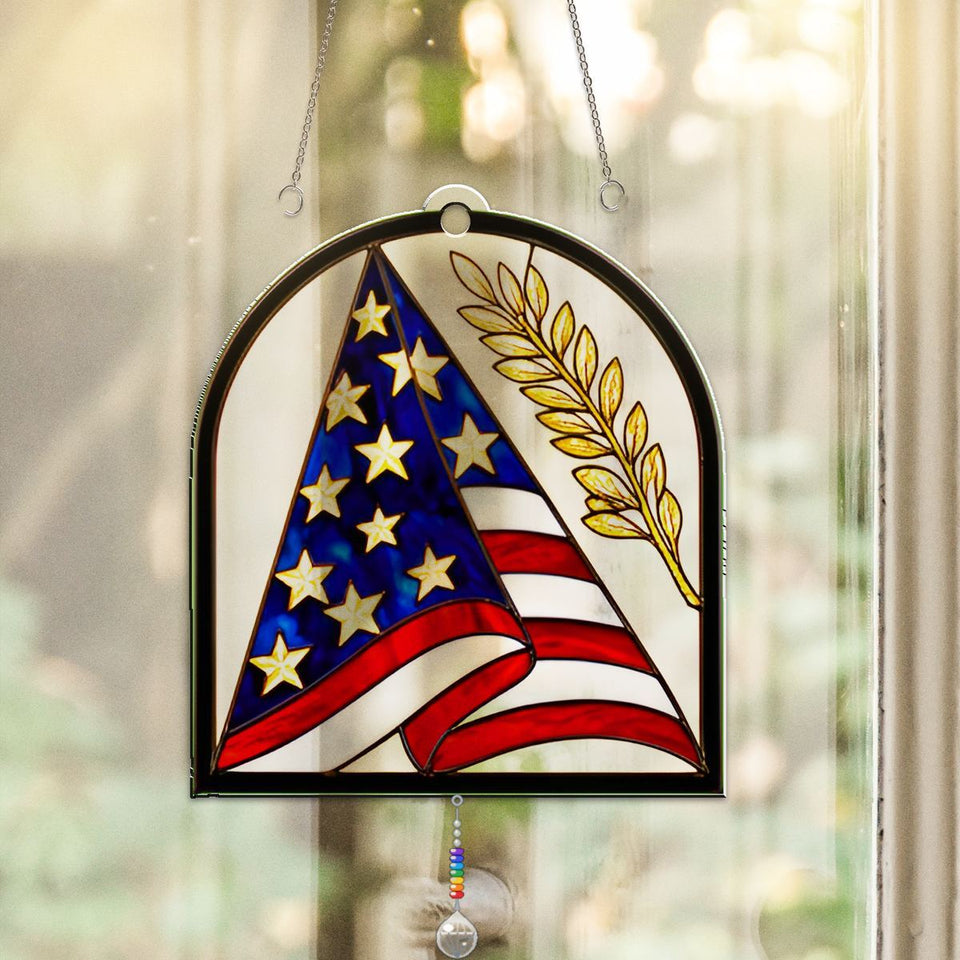 Folded Flag Memorial Arch Acrylic Suncatcher with teardrop crystal + rainbow chain