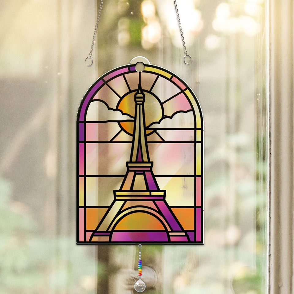 Eiffel Tower Sunset Arch Acrylic Suncatcher with teardrop crystal + rainbow chain