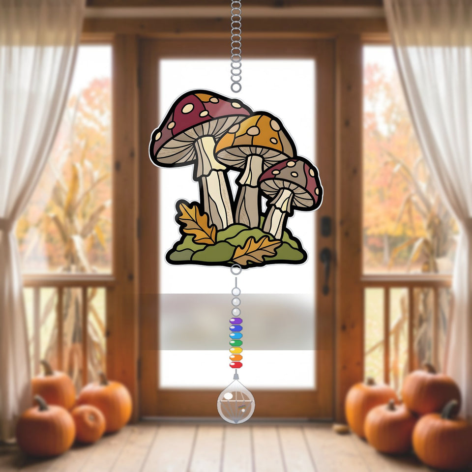 Autumn Mushroom Cluster Acrylic Suncatcher with teardrop crystal + rainbow chain