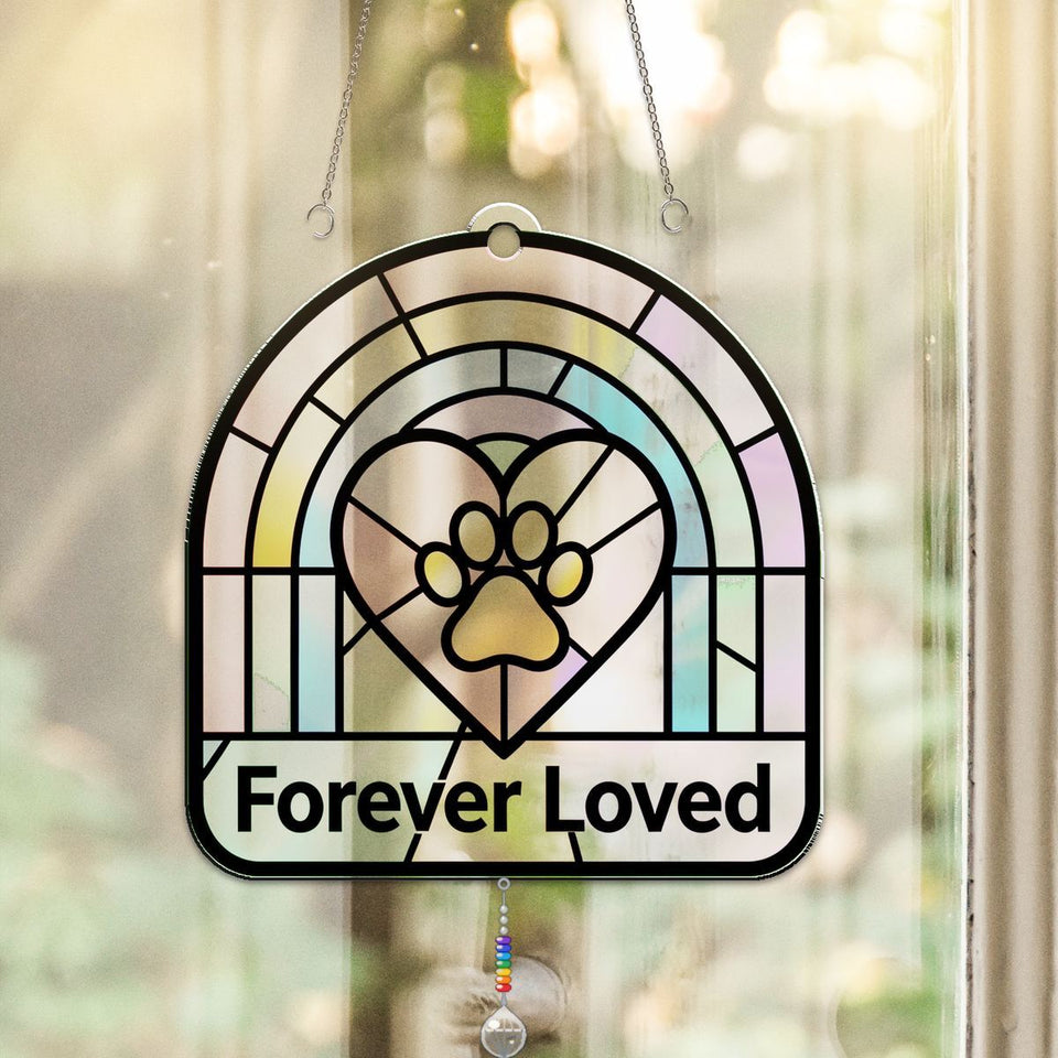 Rainbow Bridge Pet Memorial Acrylic Suncatcher with teardrop crystal + rainbow chain