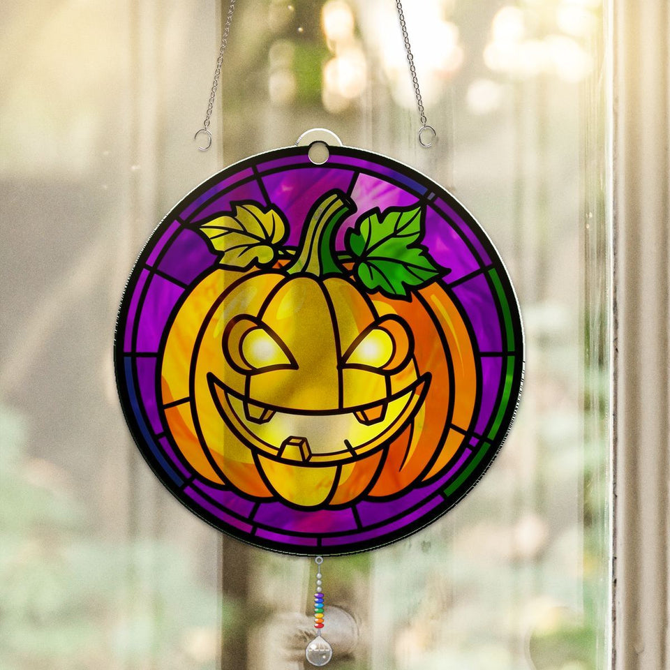 Jack O Lantern Grin Circle Acrylic Suncatcher with teardrop crystal + rainbow chain