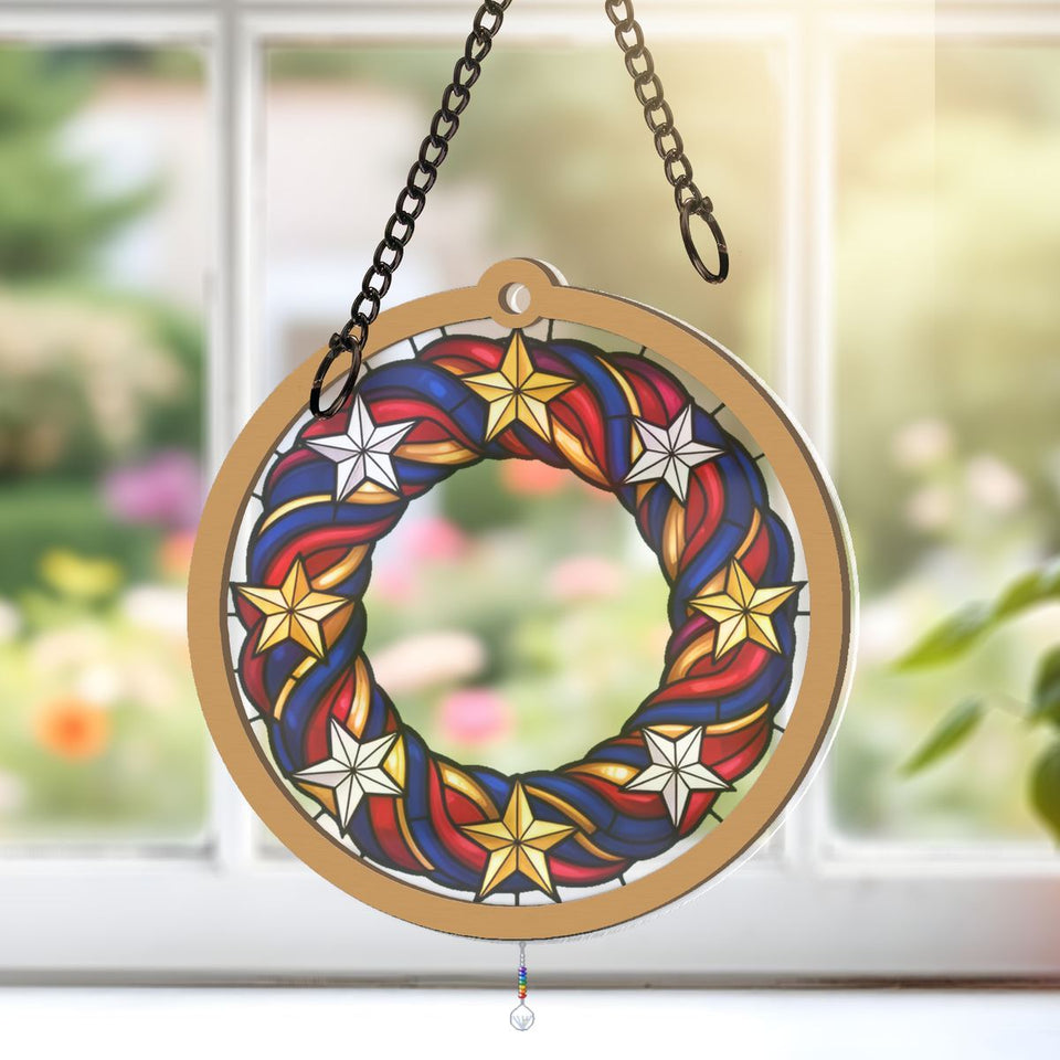 Patriotic Star Wreath Window Hanging Suncatcher with teardrop crystal + rainbow chain