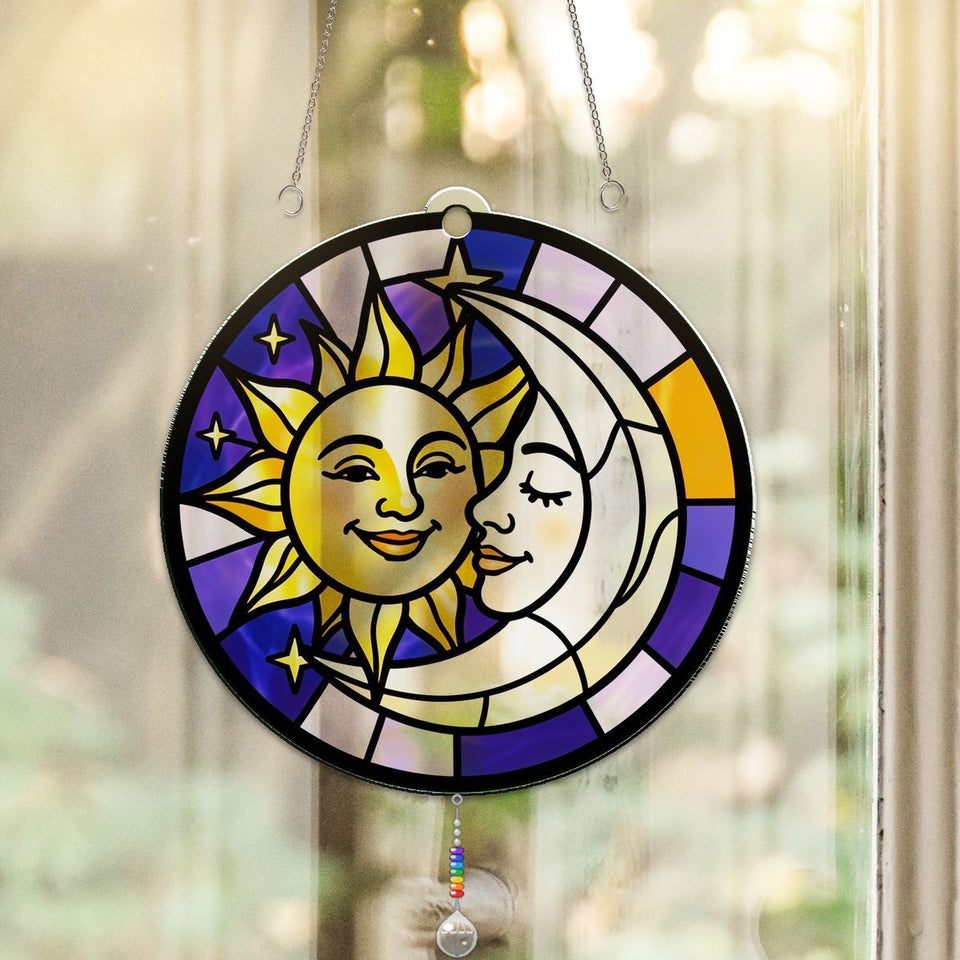 Sun and Moon Embrace Circle Acrylic Suncatcher with teardrop crystal + rainbow chain