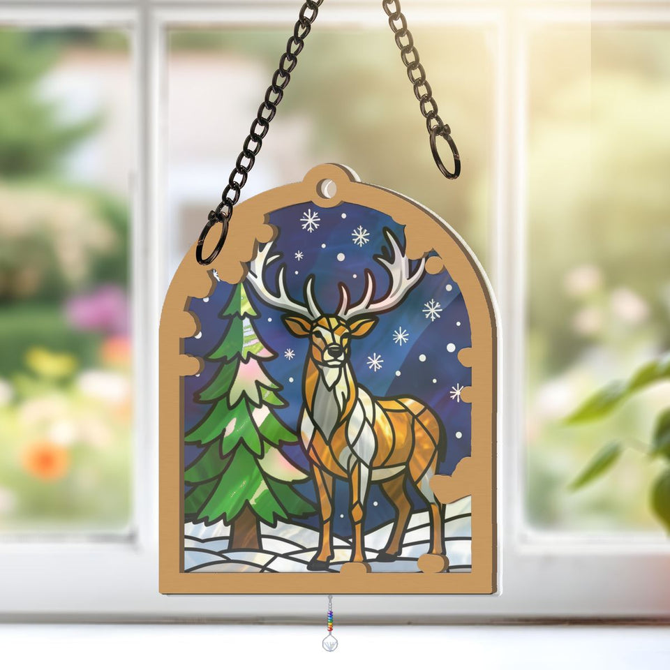 Snowy Stag Pine Arch Window Hanging Suncatcher with teardrop crystal + rainbow chain