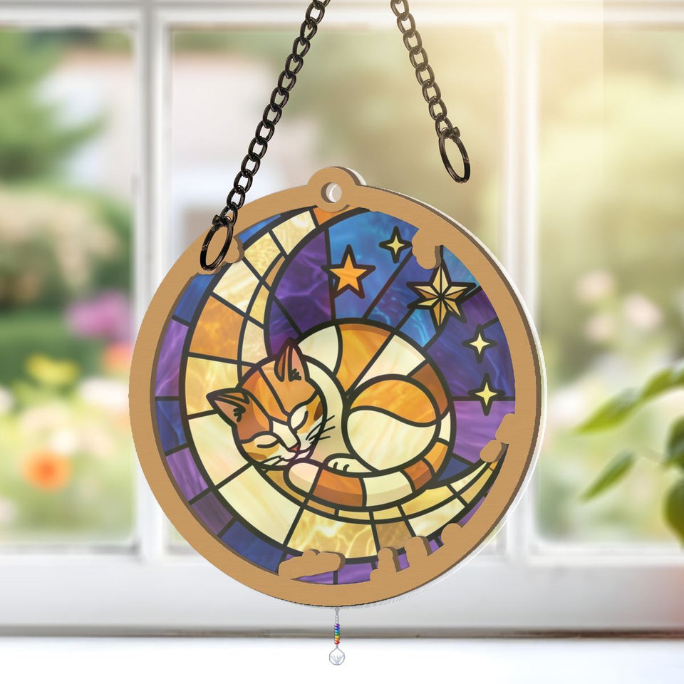 Sleeping Cat Crescent Window Window Hanging Suncatcher with teardrop crystal + rainbow chain