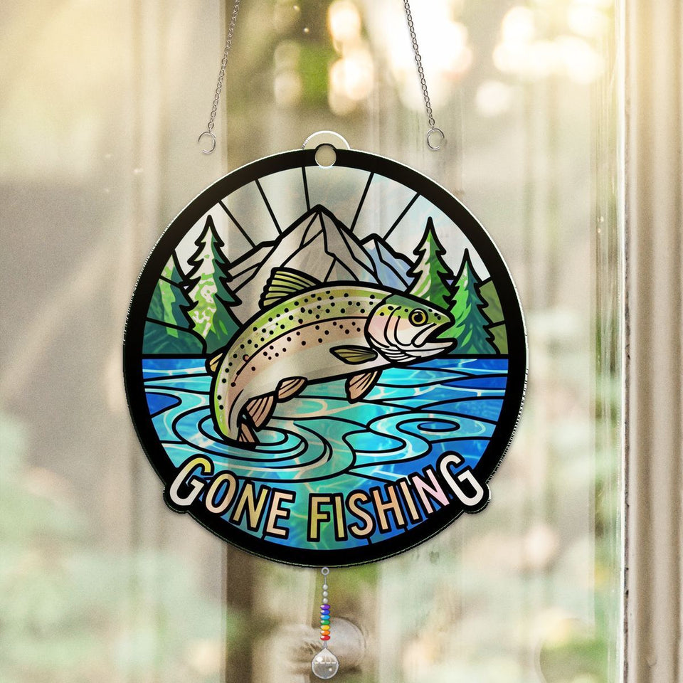 Gone Fishing Trout Circle Acrylic Suncatcher with teardrop crystal + rainbow chain