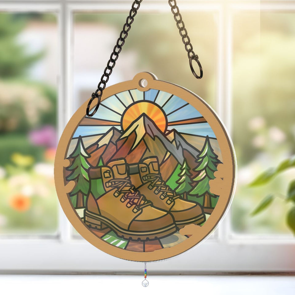 Hiking Boots Mountain Circle Window Hanging Suncatcher with teardrop crystal + rainbow chain
