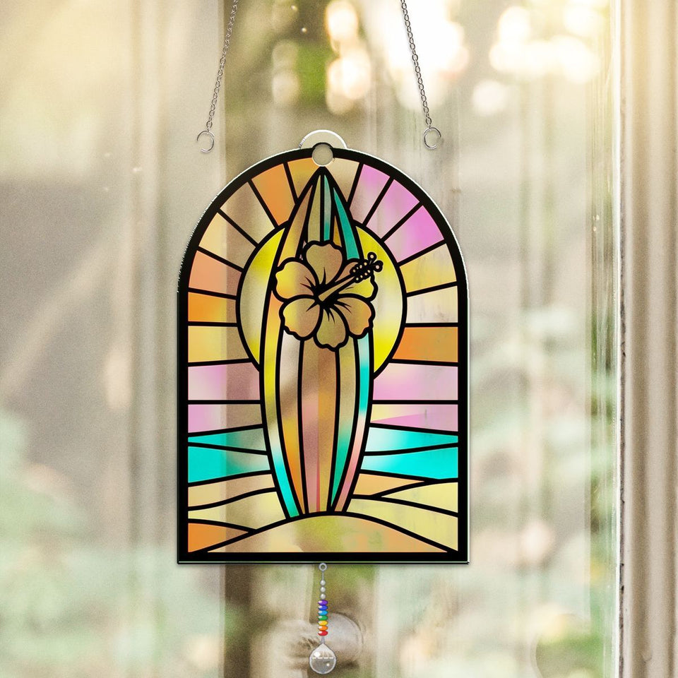 Surfboard Sunset Arch Acrylic Suncatcher with teardrop crystal + rainbow chain