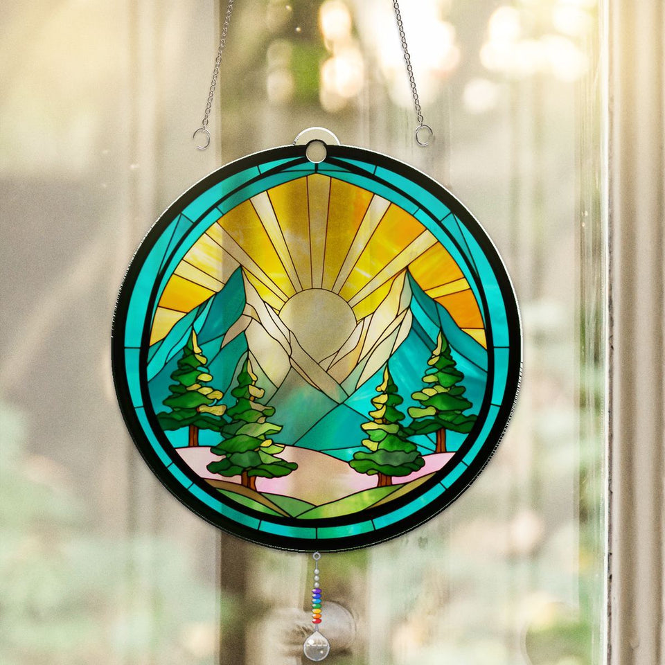Mountain Pine Sunrise Circle Acrylic Suncatcher with teardrop crystal + rainbow chain