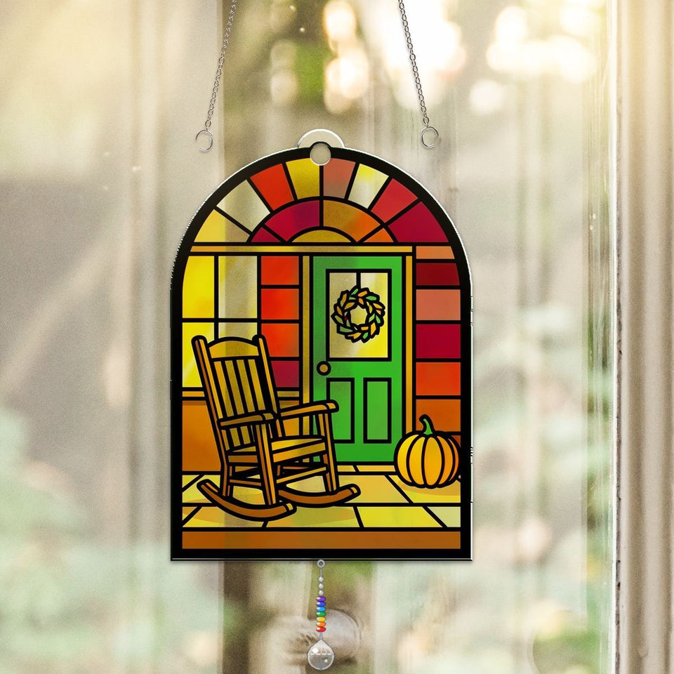 Front Porch Rocking Chair Arch Acrylic Suncatcher with teardrop crystal + rainbow chain