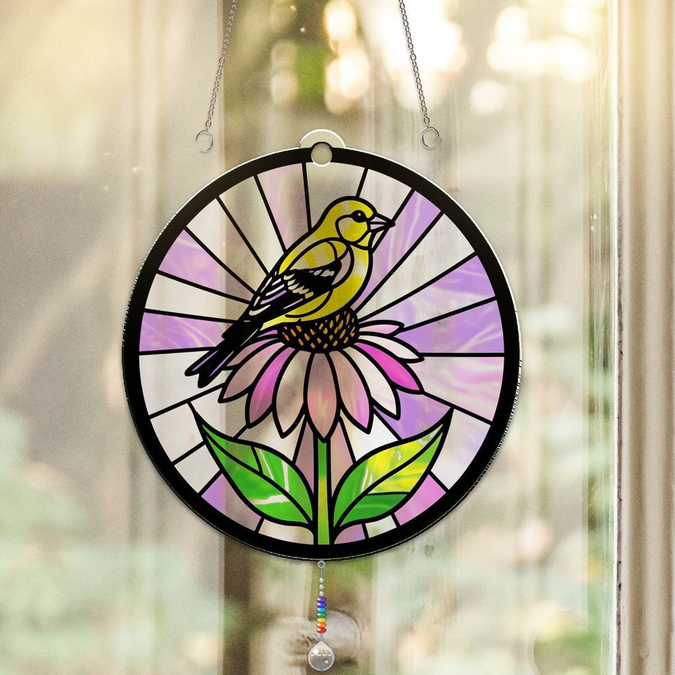 Goldfinch Coneflower Circle Acrylic Suncatcher with teardrop crystal + rainbow chain