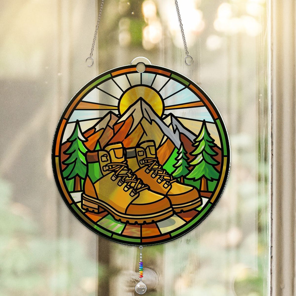 Hiking Boots Mountain Circle Acrylic Suncatcher with teardrop crystal + rainbow chain