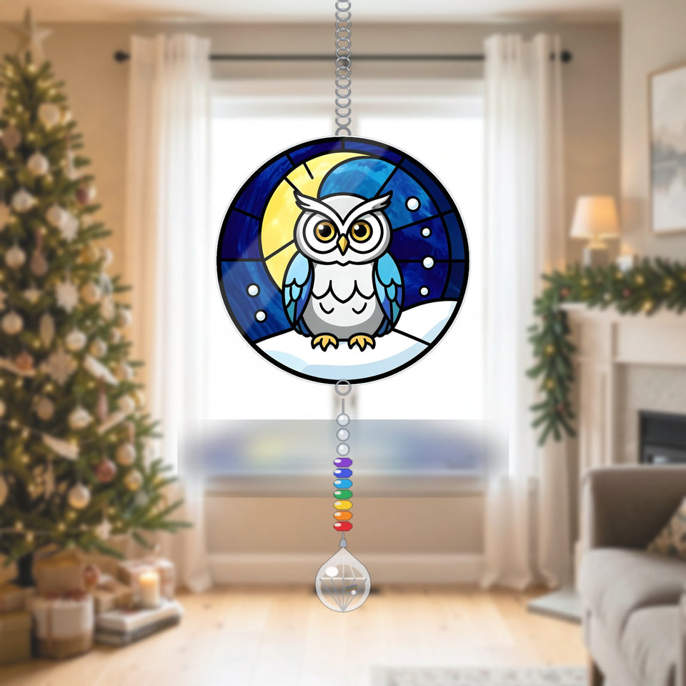 Snowy Owl Winter Moon Acrylic Suncatcher with teardrop crystal + rainbow chain