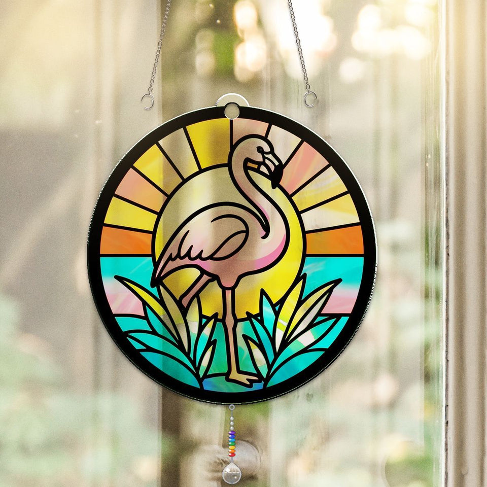 Pink Flamingo Sunset Circle Acrylic Suncatcher with teardrop crystal + rainbow chain