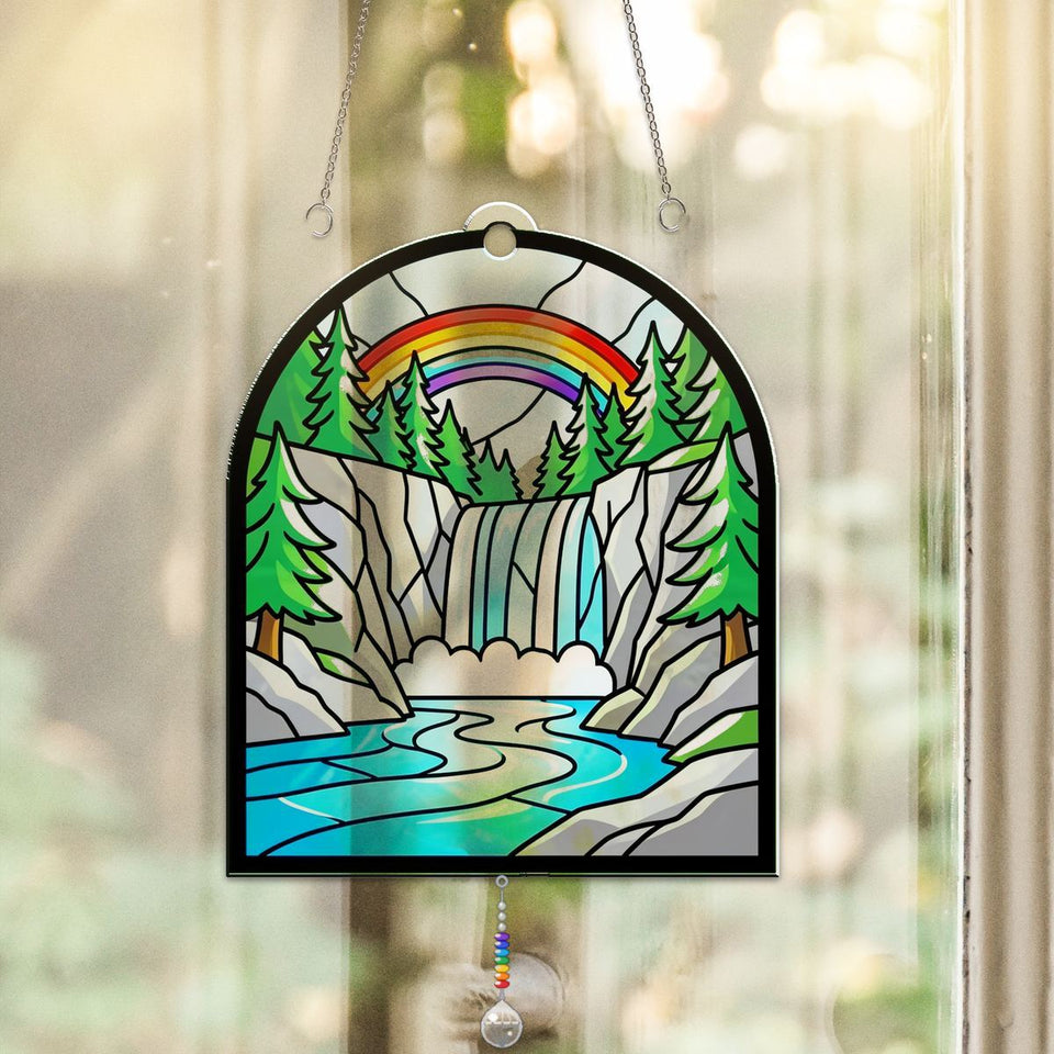 Mountain Waterfall Forest Acrylic Suncatcher with teardrop crystal + rainbow chain