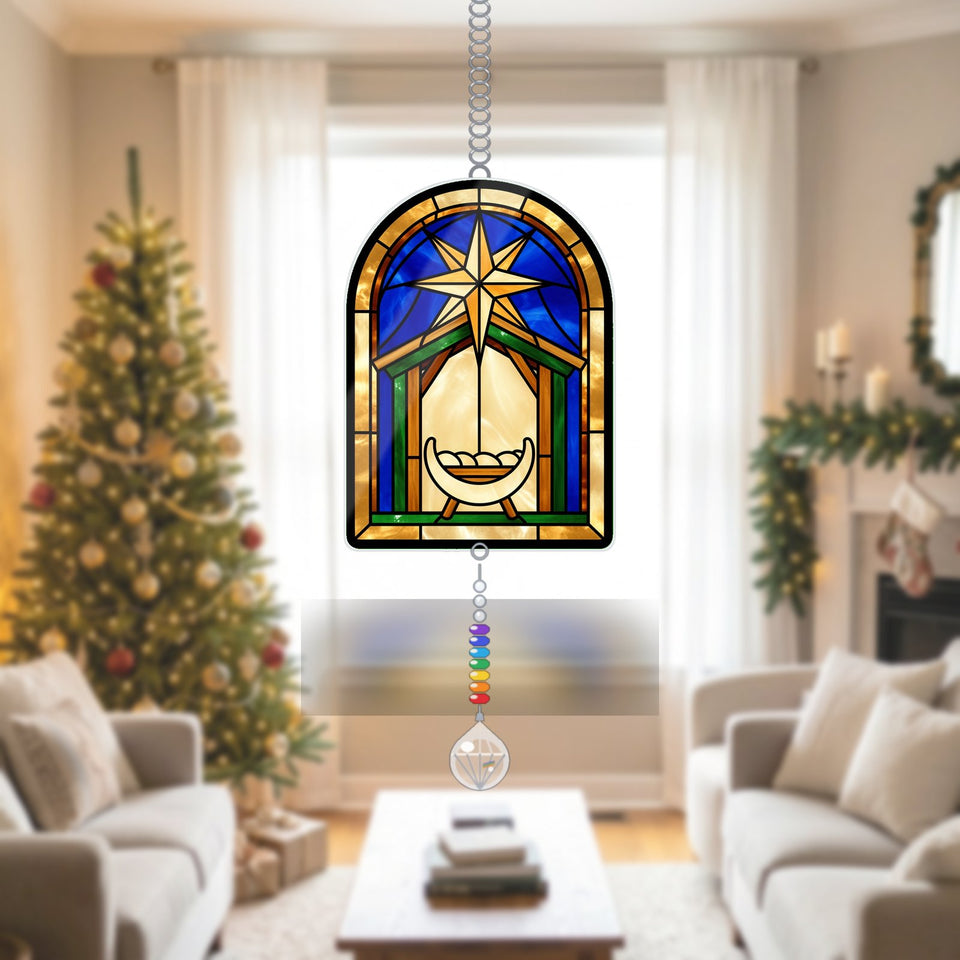 Nativity Star Arch Acrylic Suncatcher with teardrop crystal + rainbow chain