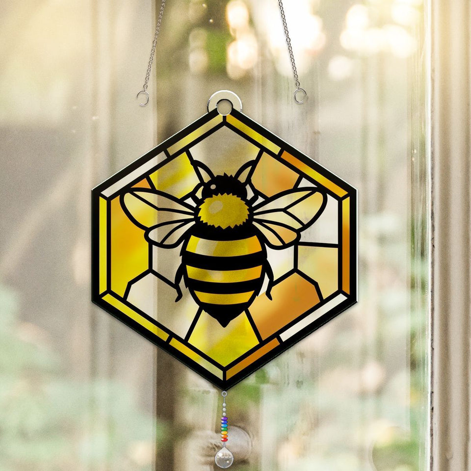 Honeybee Honeycomb Hexagon Acrylic Suncatcher with teardrop crystal + rainbow chain