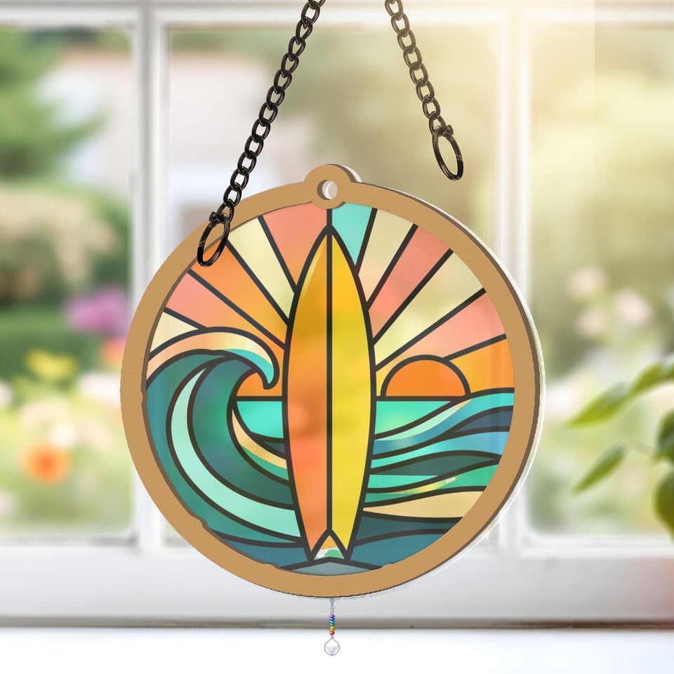 Surfboard Wave Sunset Circle Window Hanging Suncatcher with teardrop crystal + rainbow chain
