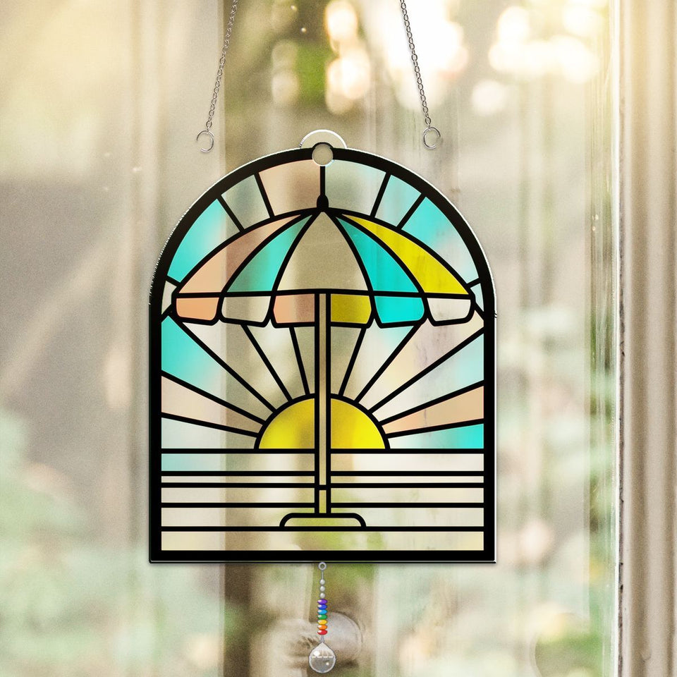 Beach Umbrella Sunset Acrylic Suncatcher with teardrop crystal + rainbow chain