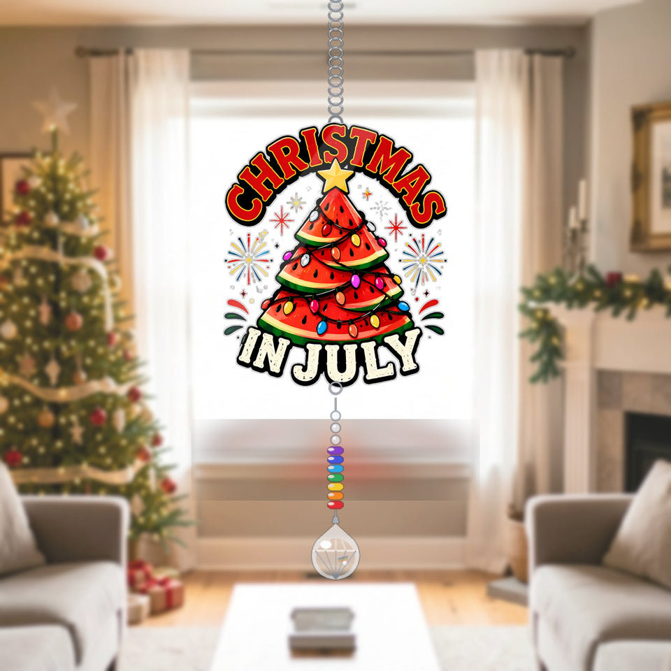 Watermelon Christmas Tree Acrylic Suncatcher with teardrop crystal + rainbow chain