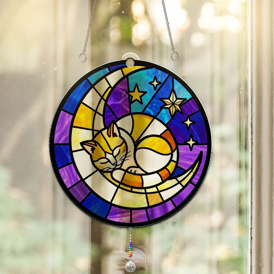 Sleeping Cat Crescent Window Acrylic Suncatcher with teardrop crystal + rainbow chain