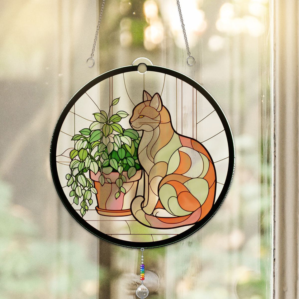 Cozy Cat Plant Window Acrylic Suncatcher with teardrop crystal + rainbow chain