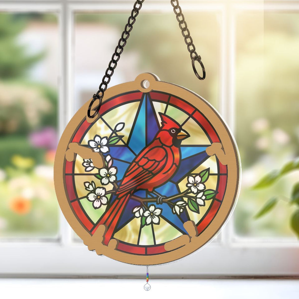 Patriotic Cardinal Star Circle Window Hanging Suncatcher with teardrop crystal + rainbow chain