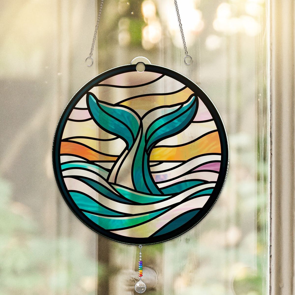 Humpback Whale Tail Circle Acrylic Suncatcher with teardrop crystal + rainbow chain