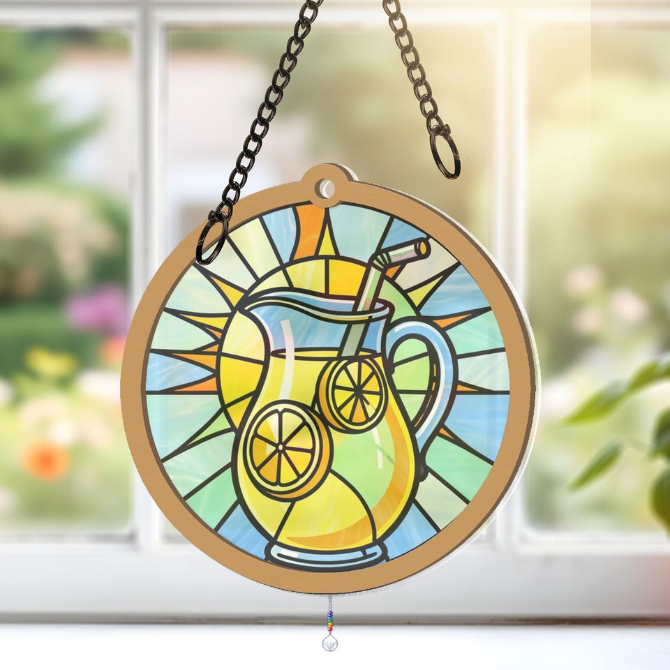 Lemonade Pitcher Summer Circle Window Hanging Suncatcher with teardrop crystal + rainbow chain