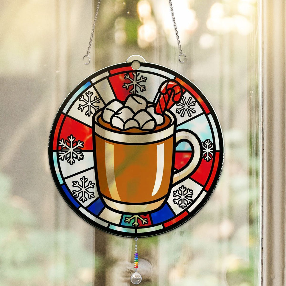 Hot Cocoa Mug Circle Acrylic Suncatcher with teardrop crystal + rainbow chain