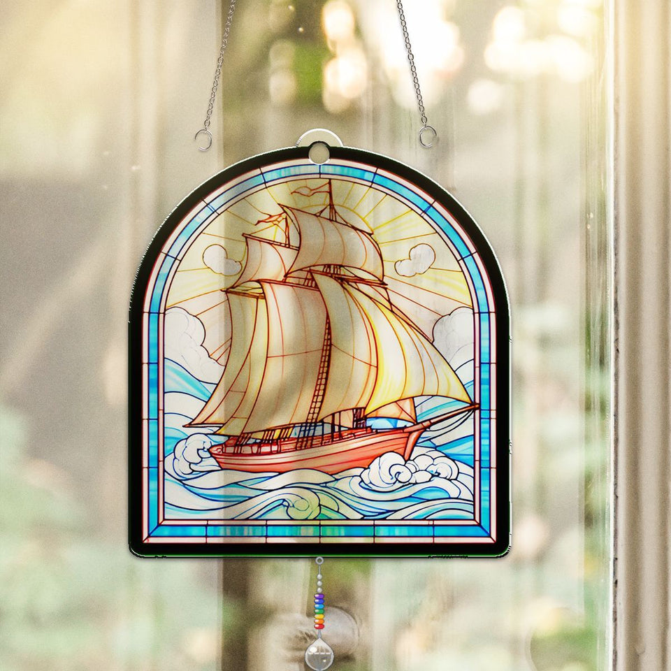 Sailboat Harbor Arch Acrylic Suncatcher with teardrop crystal + rainbow chain