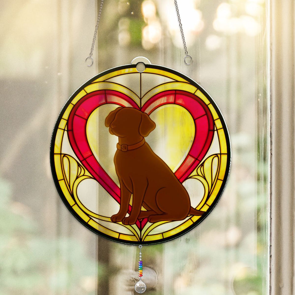 Loyal Dog Heart Circle Acrylic Suncatcher with teardrop crystal + rainbow chain