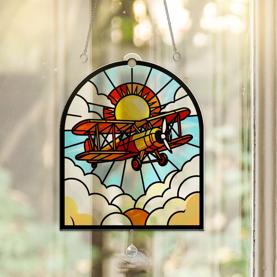 Vintage Biplane Clouds Arch Acrylic Suncatcher with teardrop crystal