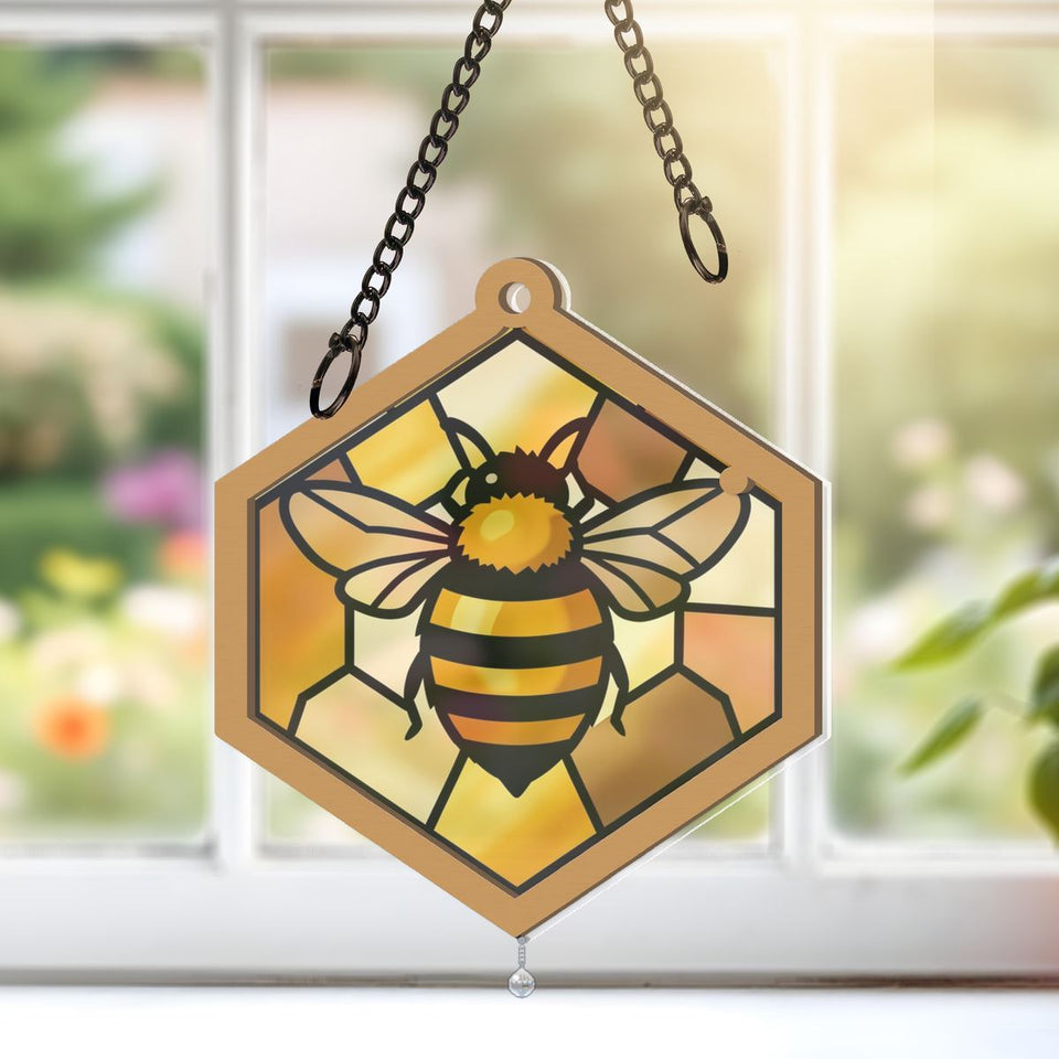 Honeybee Honeycomb Hexagon Window Hanging Suncatcher with teardrop crystal