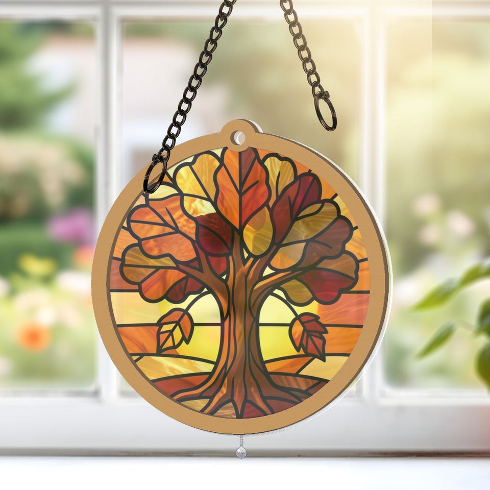 Golden Autumn Tree Circle Window Hanging Suncatcher with teardrop crystal