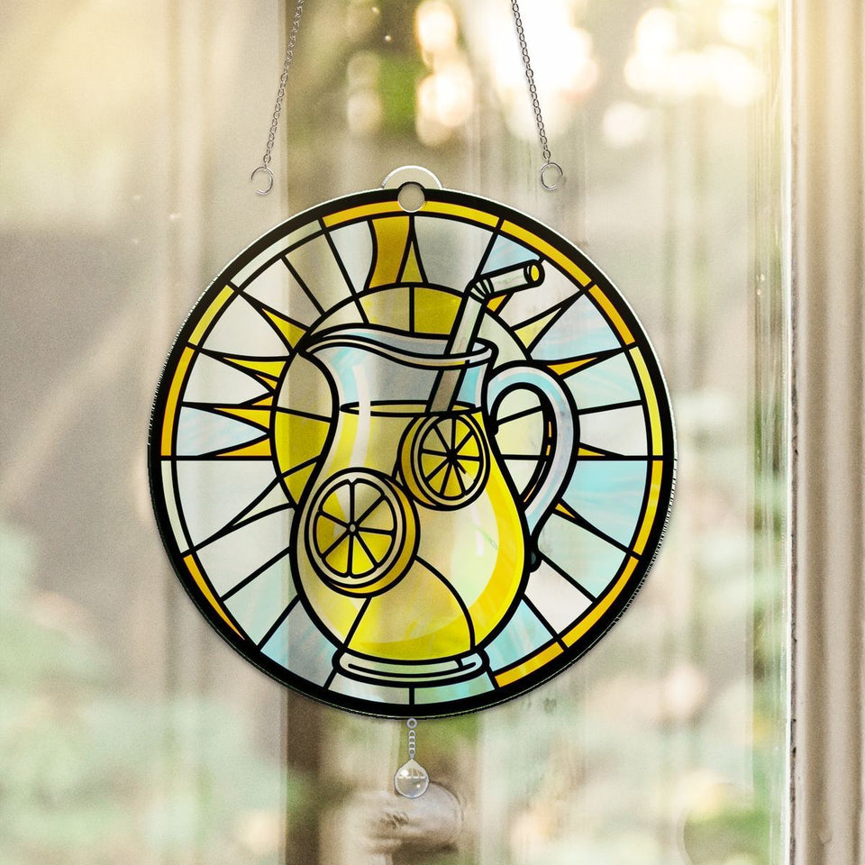 Lemonade Pitcher Summer Circle Acrylic Suncatcher with teardrop crystal