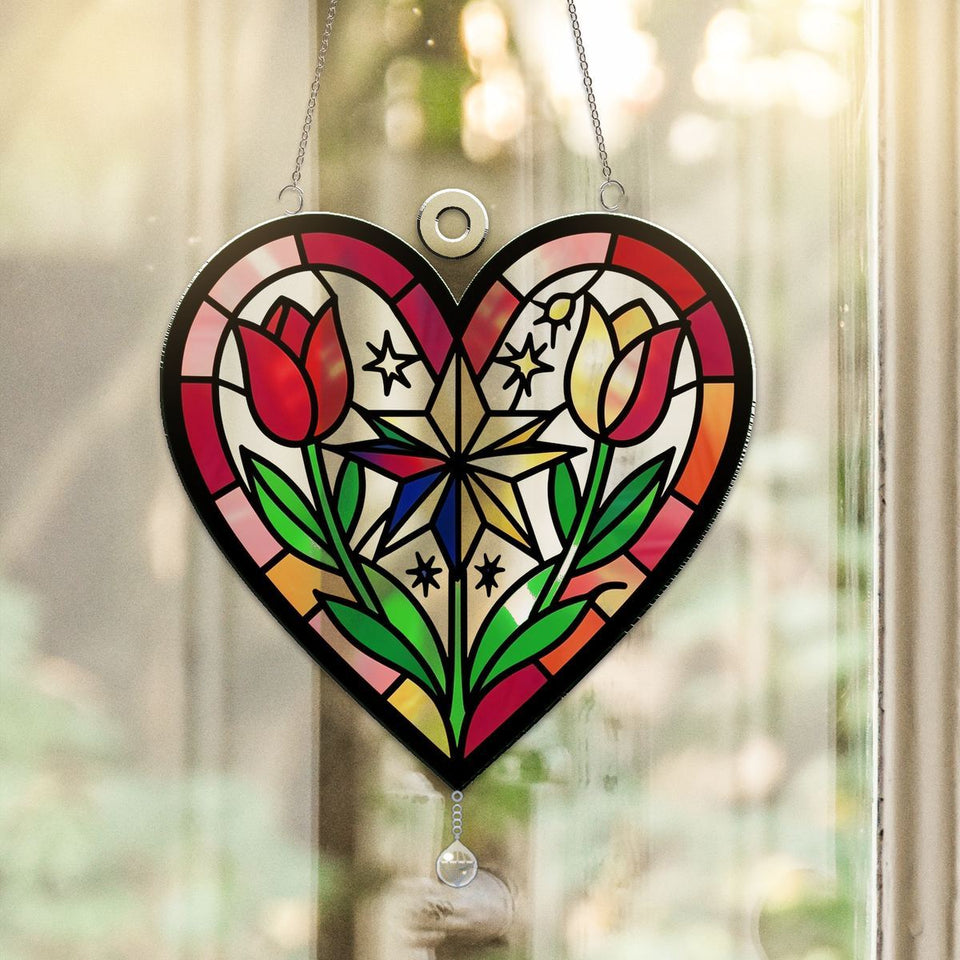 Nordic Folk Heart Wreath Acrylic Suncatcher with teardrop crystal