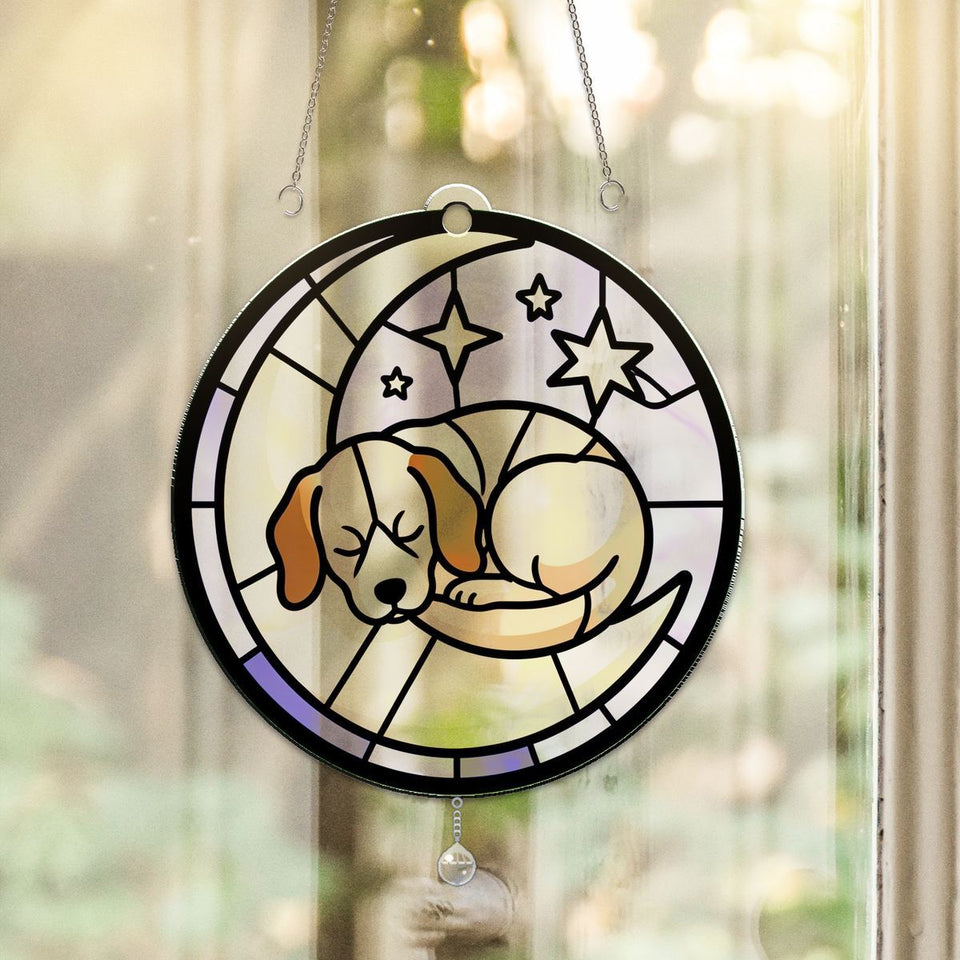 Sleeping Puppy Moon Circle Acrylic Suncatcher with teardrop crystal