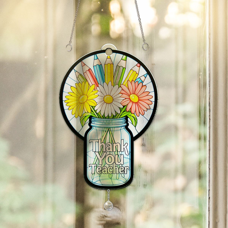 Teacher Flower Jar Circle Acrylic Suncatcher with teardrop crystal