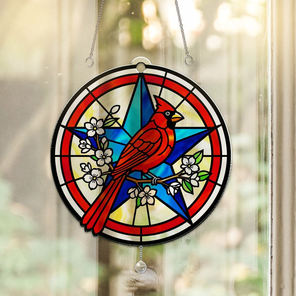 Patriotic Cardinal Star Circle Acrylic Suncatcher with teardrop crystal