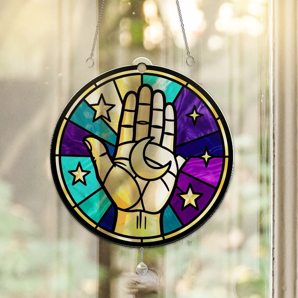 Celestial Hand Moon Circle Acrylic Suncatcher with teardrop crystal