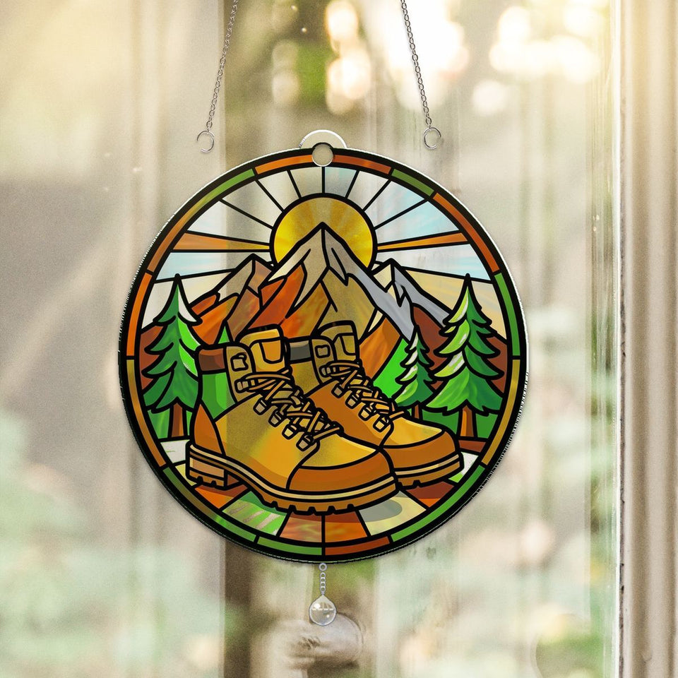 Hiking Boots Mountain Circle Acrylic Suncatcher with teardrop crystal